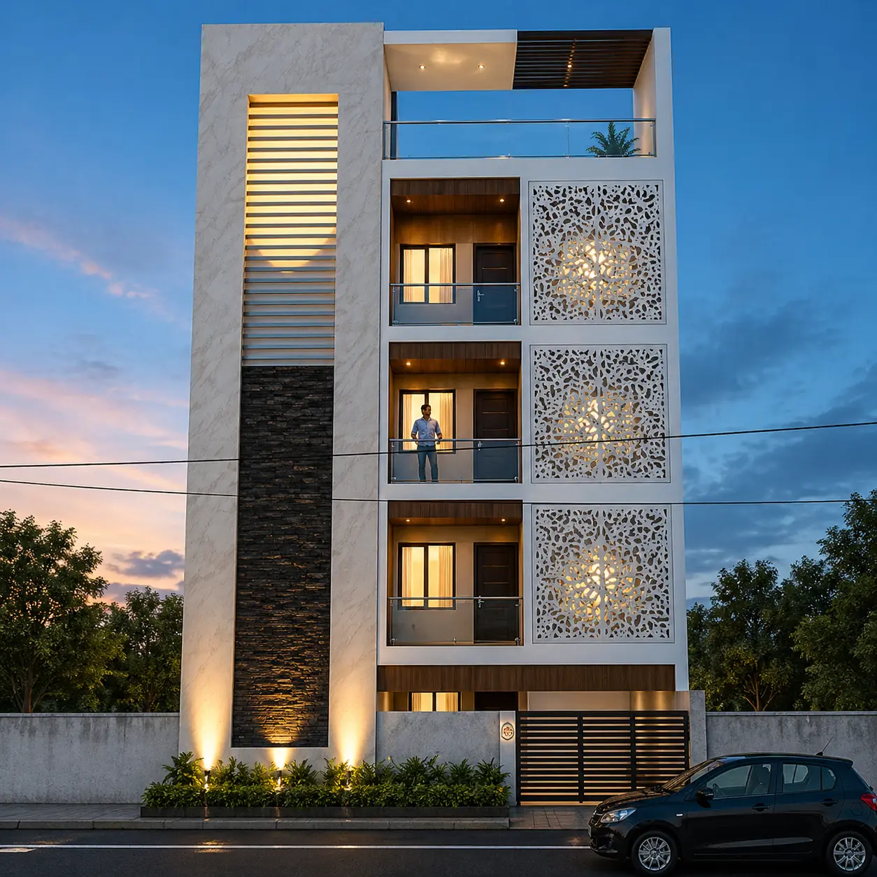 Modern building at twilight with balcony