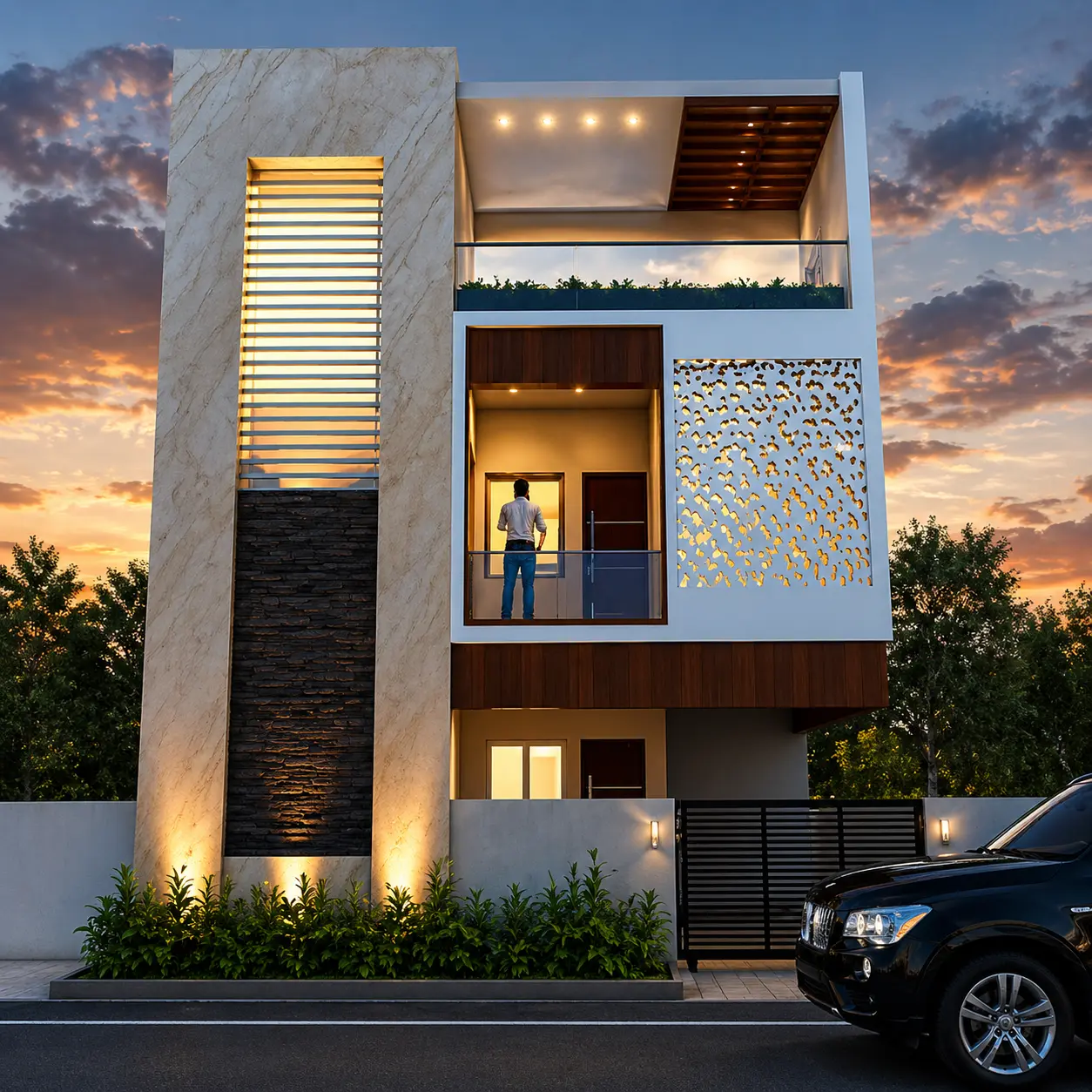 Modern home at sunset with lush greenery