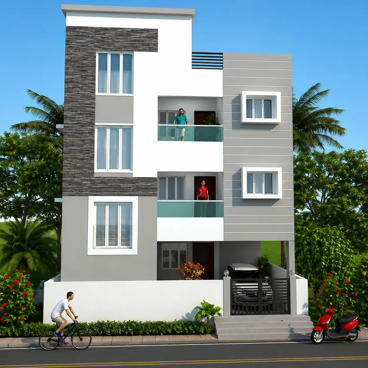 Modern home with balconies and greenery