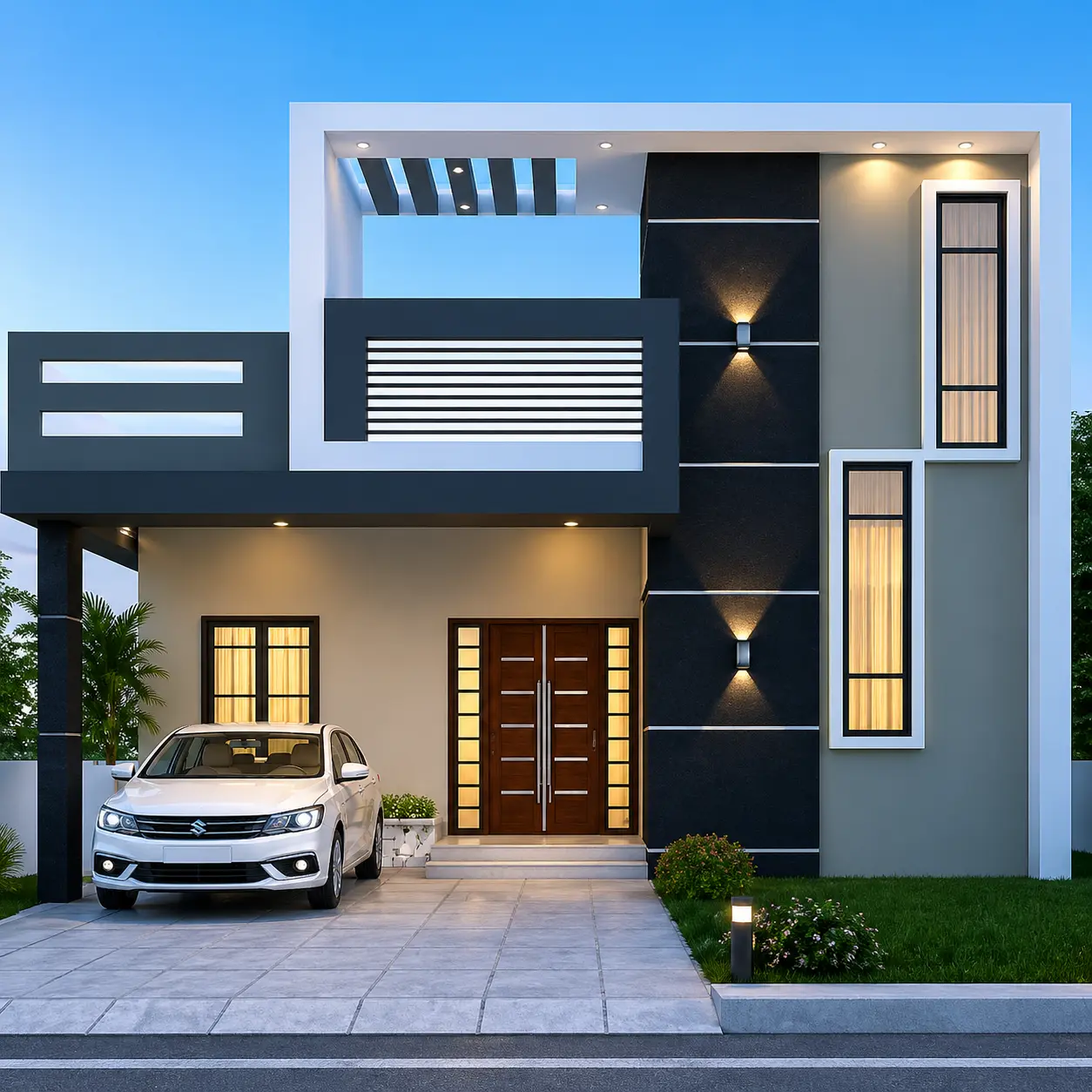 Modern minimalist home at dusk